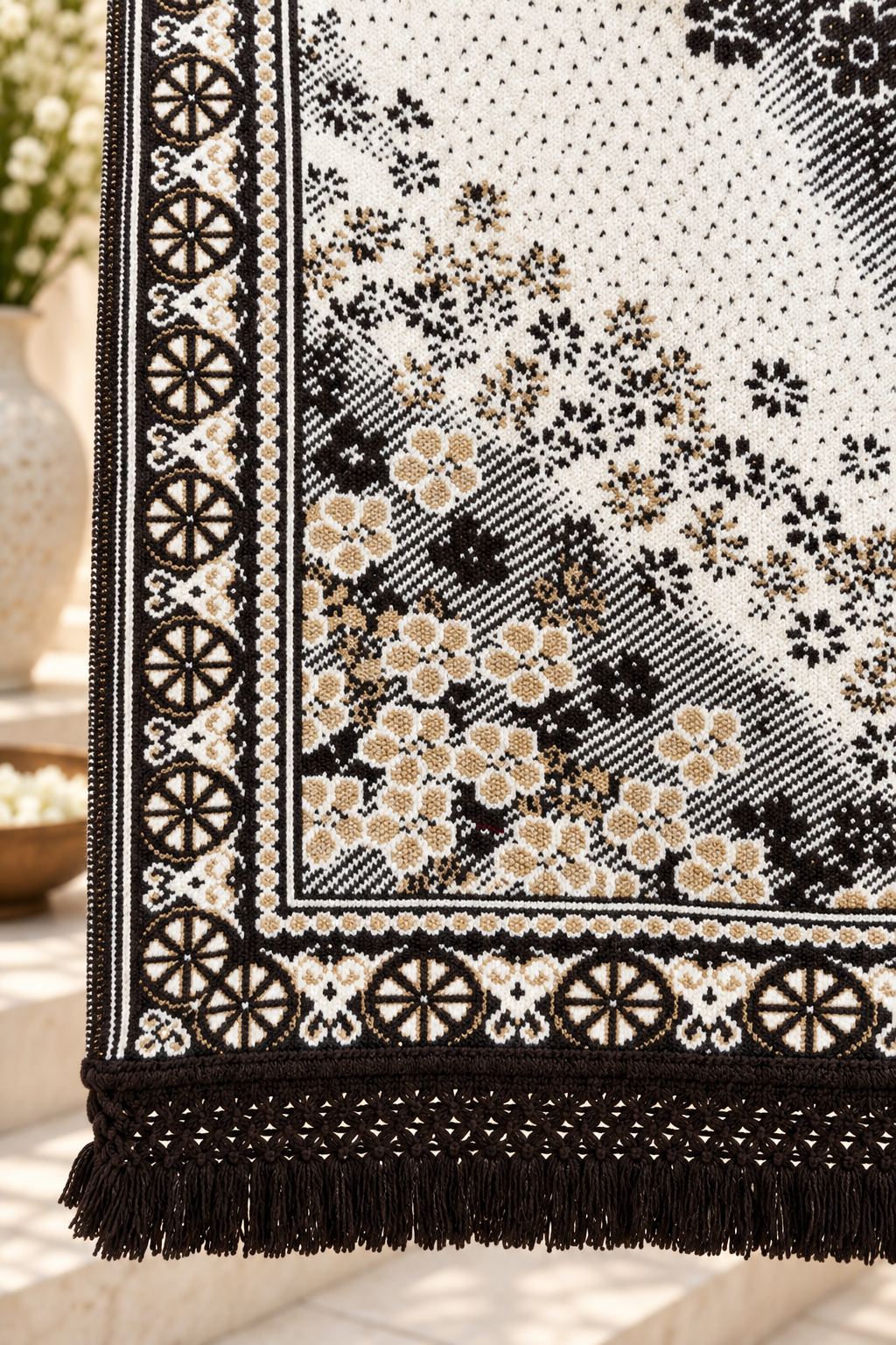 Ivory Black Floral Ombre Wool Shawl with Tassels
