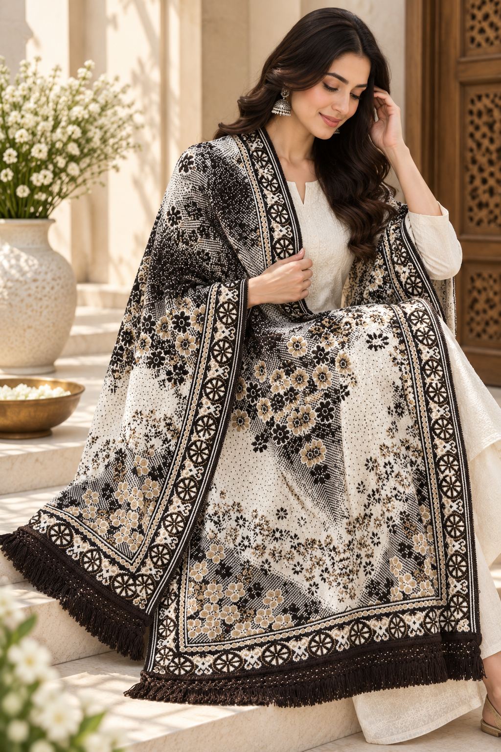 Ivory Black Floral Ombre Wool Shawl with Tassels