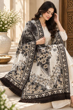Ivory Black Floral Ombre Wool Shawl with Tassels