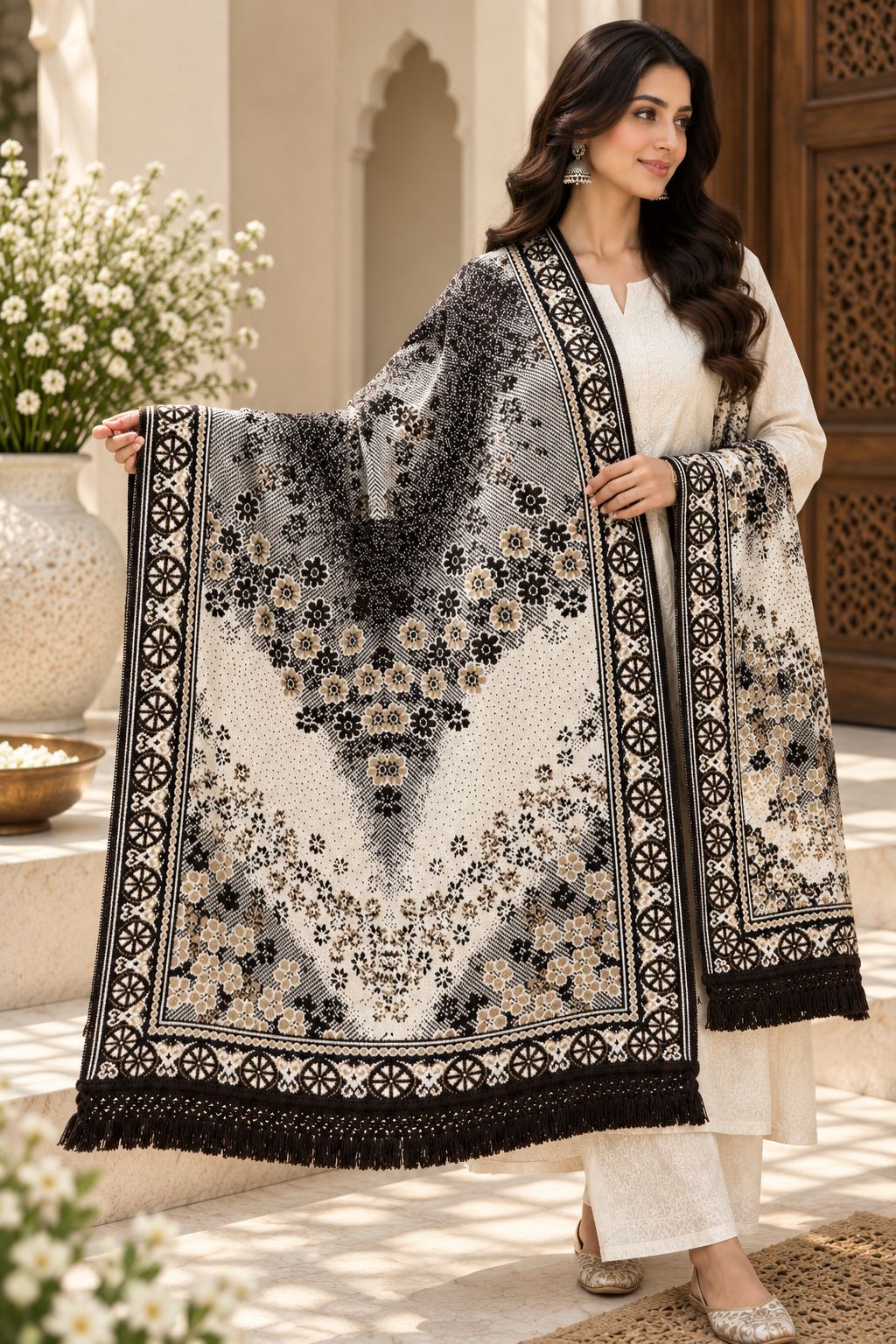 Ivory Black Floral Ombre Wool Shawl with Tassels