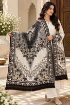 Ivory Black Floral Ombre Wool Shawl with Tassels