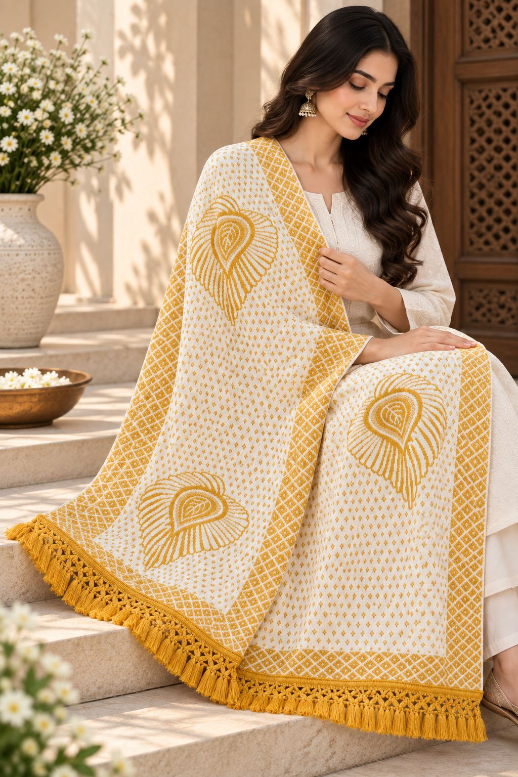 Ivory Mustard Embroidered Cotton Dupatta with Tassels