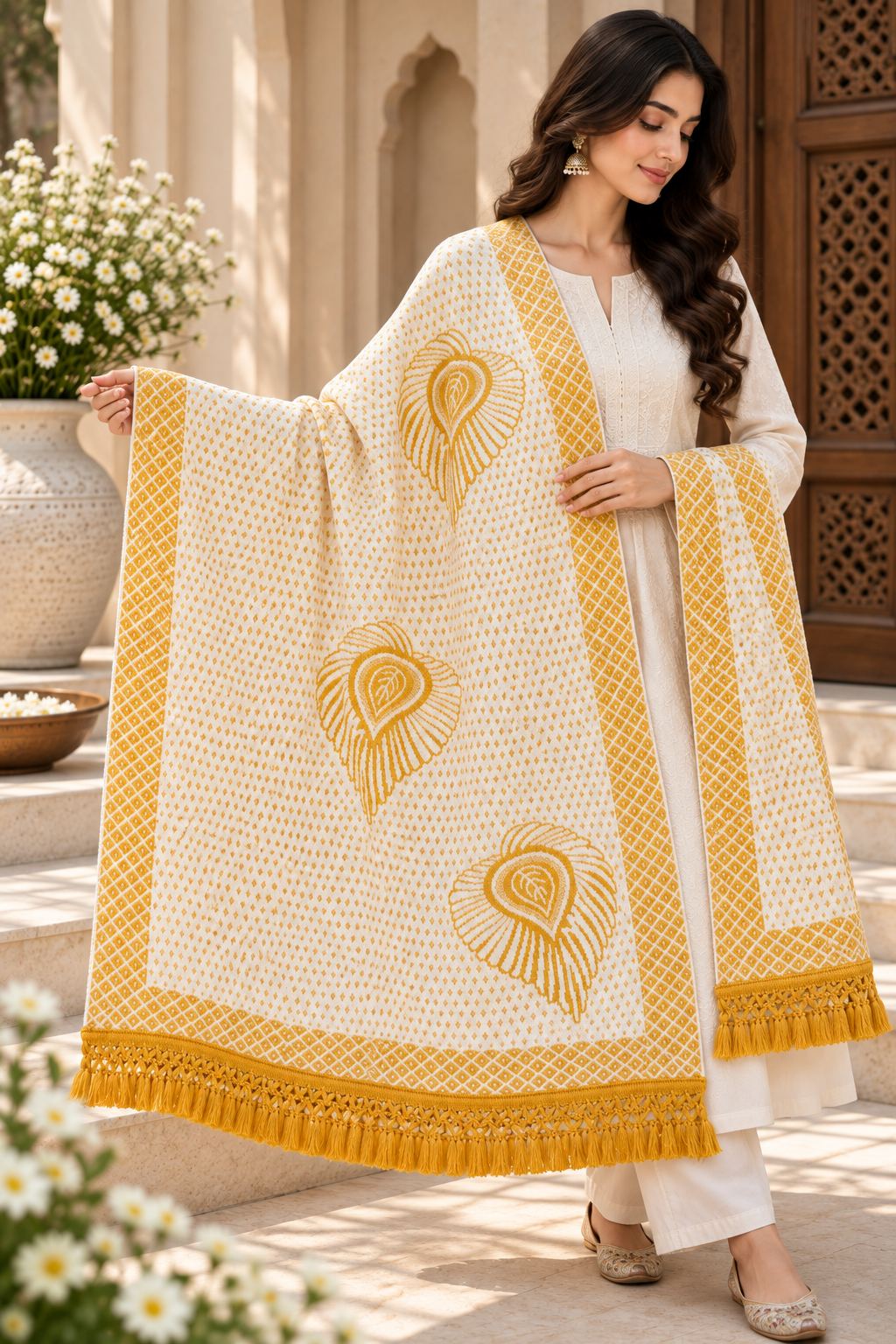 Ivory Mustard Embroidered Cotton Dupatta with Tassels