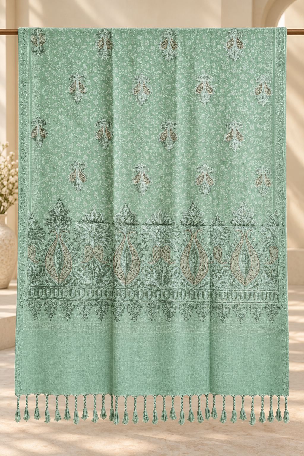 Sage Green Embroidered Wool Shawl with Tassels