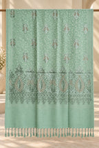 Sage Green Embroidered Wool Shawl with Tassels