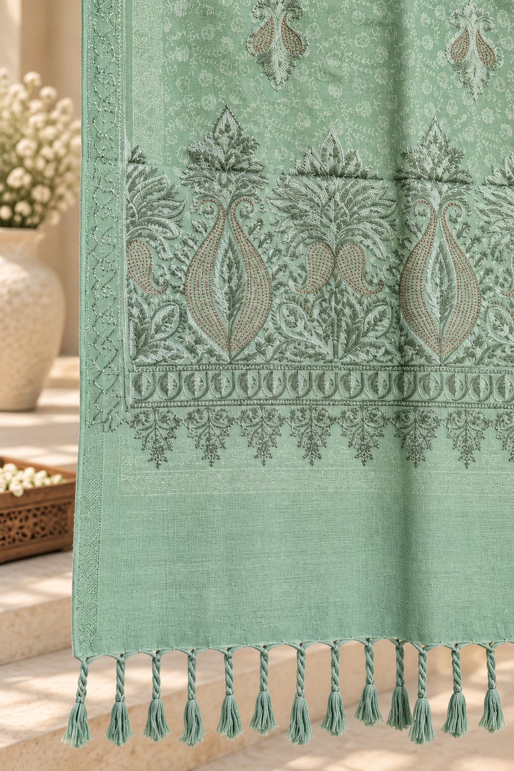 Sage Green Embroidered Wool Shawl with Tassels
