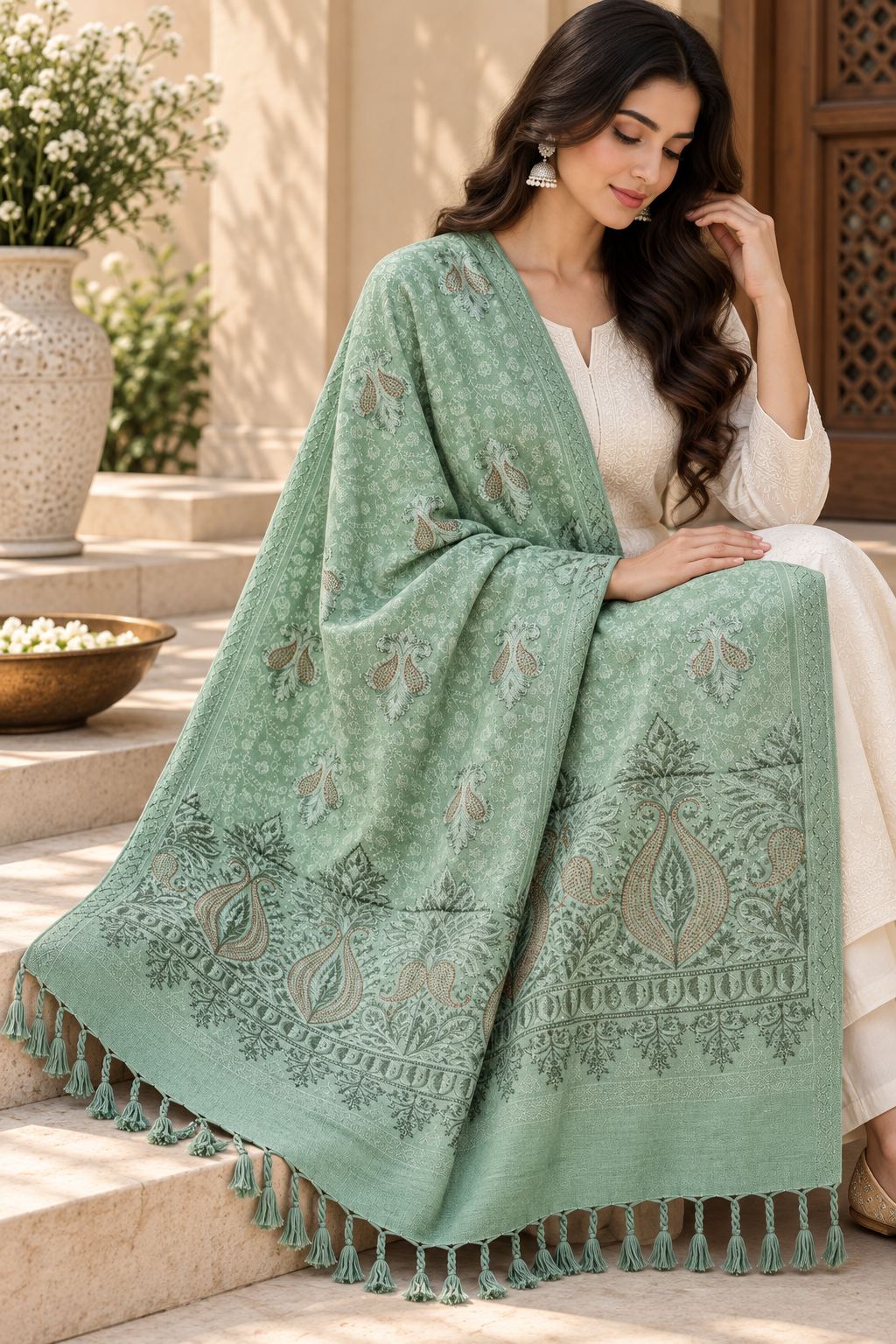 Sage Green Embroidered Wool Shawl with Tassels
