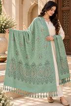 Sage Green Embroidered Wool Shawl with Tassels