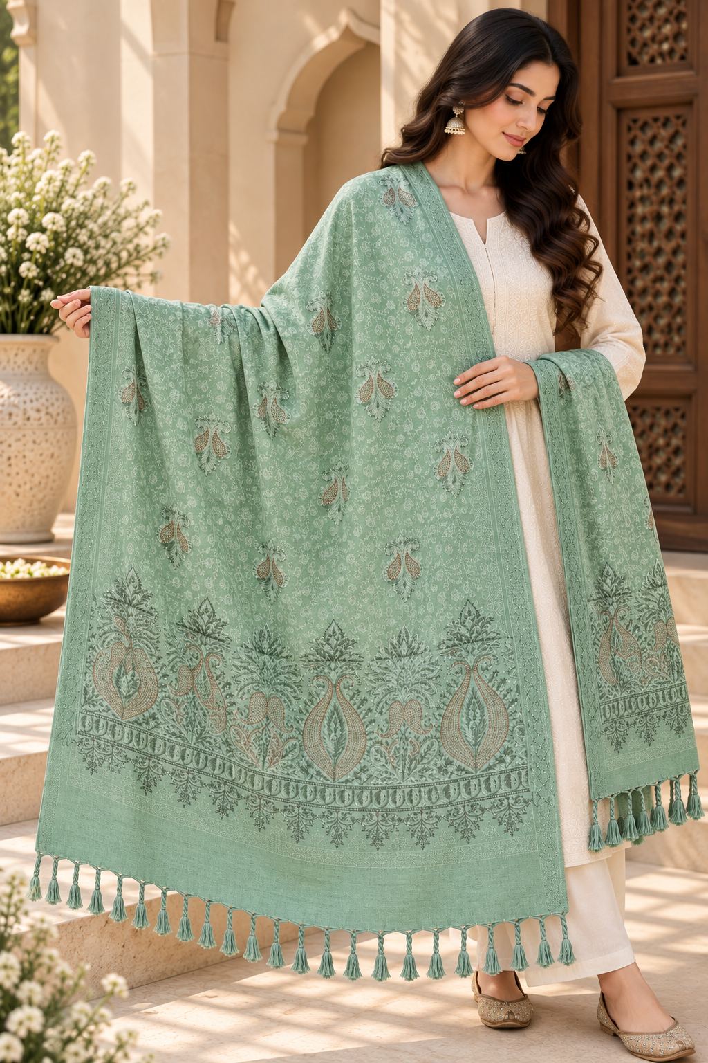 Sage Green Embroidered Wool Shawl with Tassels
