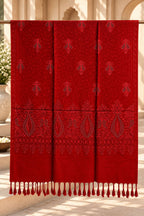 Red Embroidered Wool Shawl with Tassels