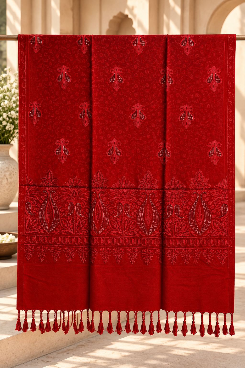 Red Embroidered Wool Shawl with Tassels