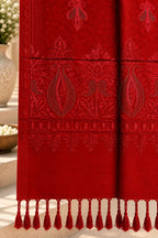 Red Embroidered Wool Shawl with Tassels