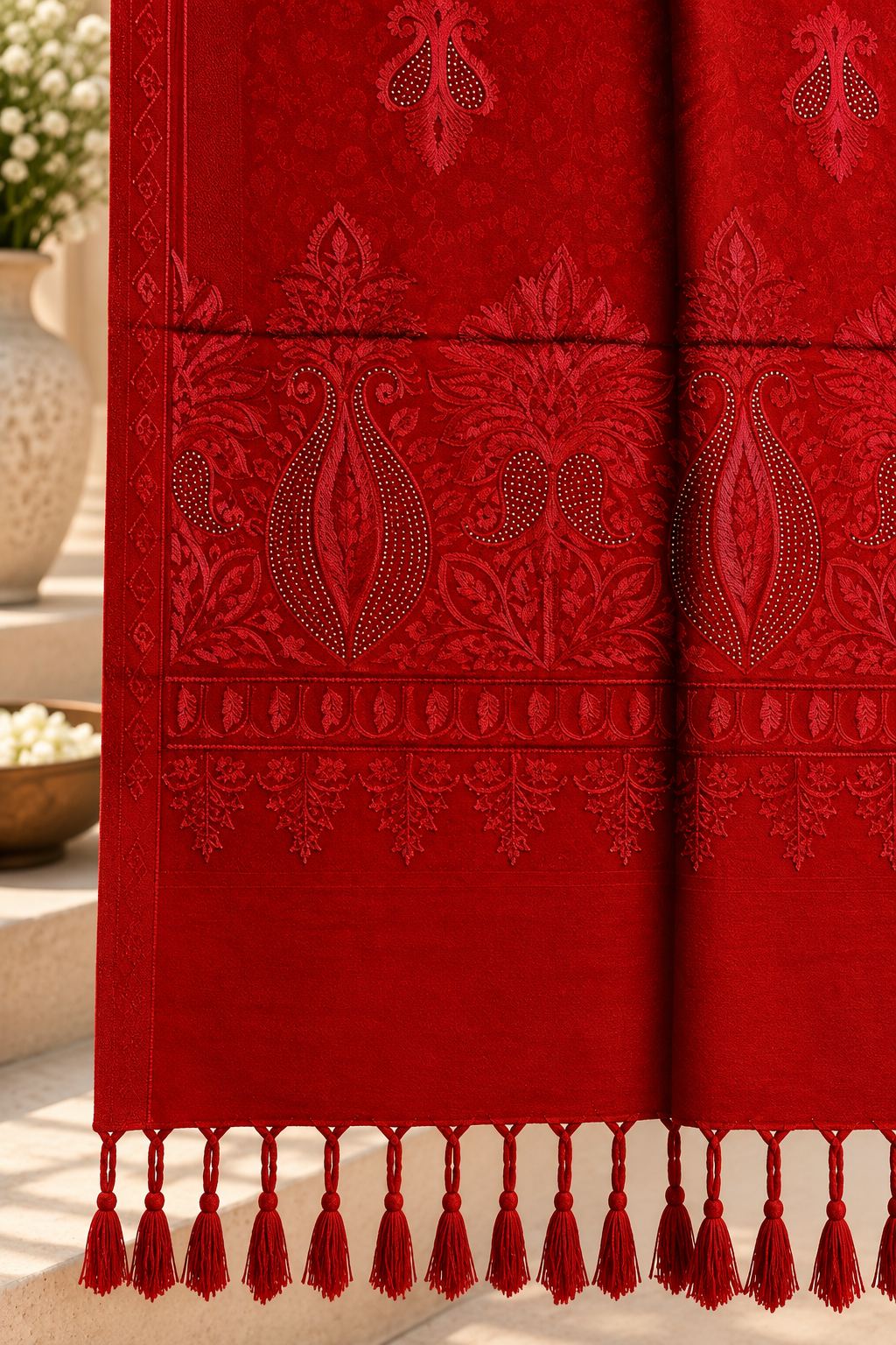 Red Embroidered Wool Shawl with Tassels