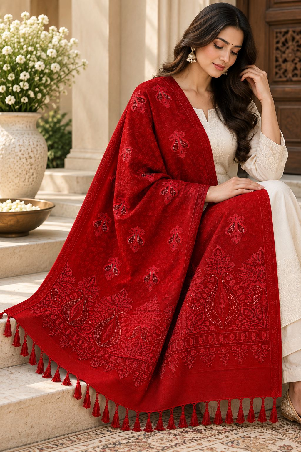 Red Embroidered Wool Shawl with Tassels
