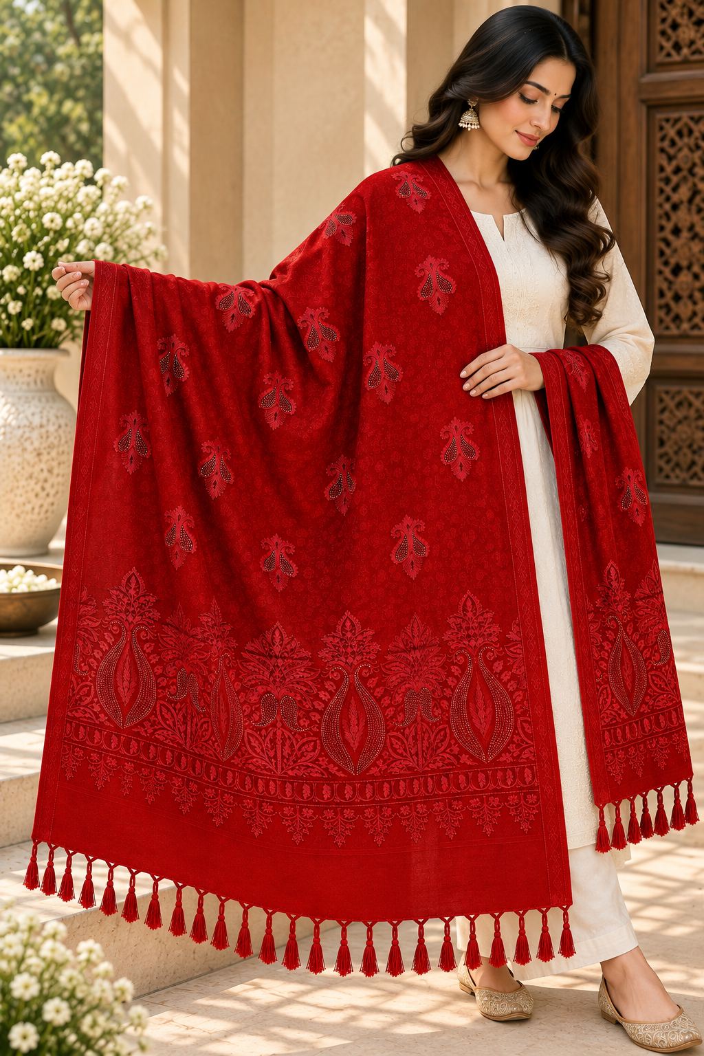 Red Embroidered Wool Shawl with Tassels