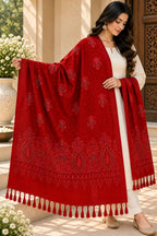 Red Embroidered Wool Shawl with Tassels