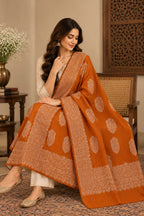 Burnt Orange Ivory Boteh Medallion Wool Shawl with Fringe