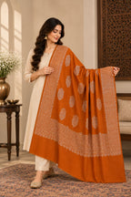 Burnt Orange Ivory Boteh Medallion Wool Shawl with Fringe