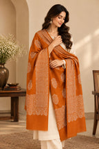 Burnt Orange Ivory Boteh Medallion Wool Shawl with Fringe