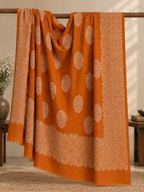 Burnt Orange Ivory Boteh Medallion Wool Shawl with Fringe