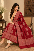Red Ivory Boteh Medallion Wool Shawl with Fringe