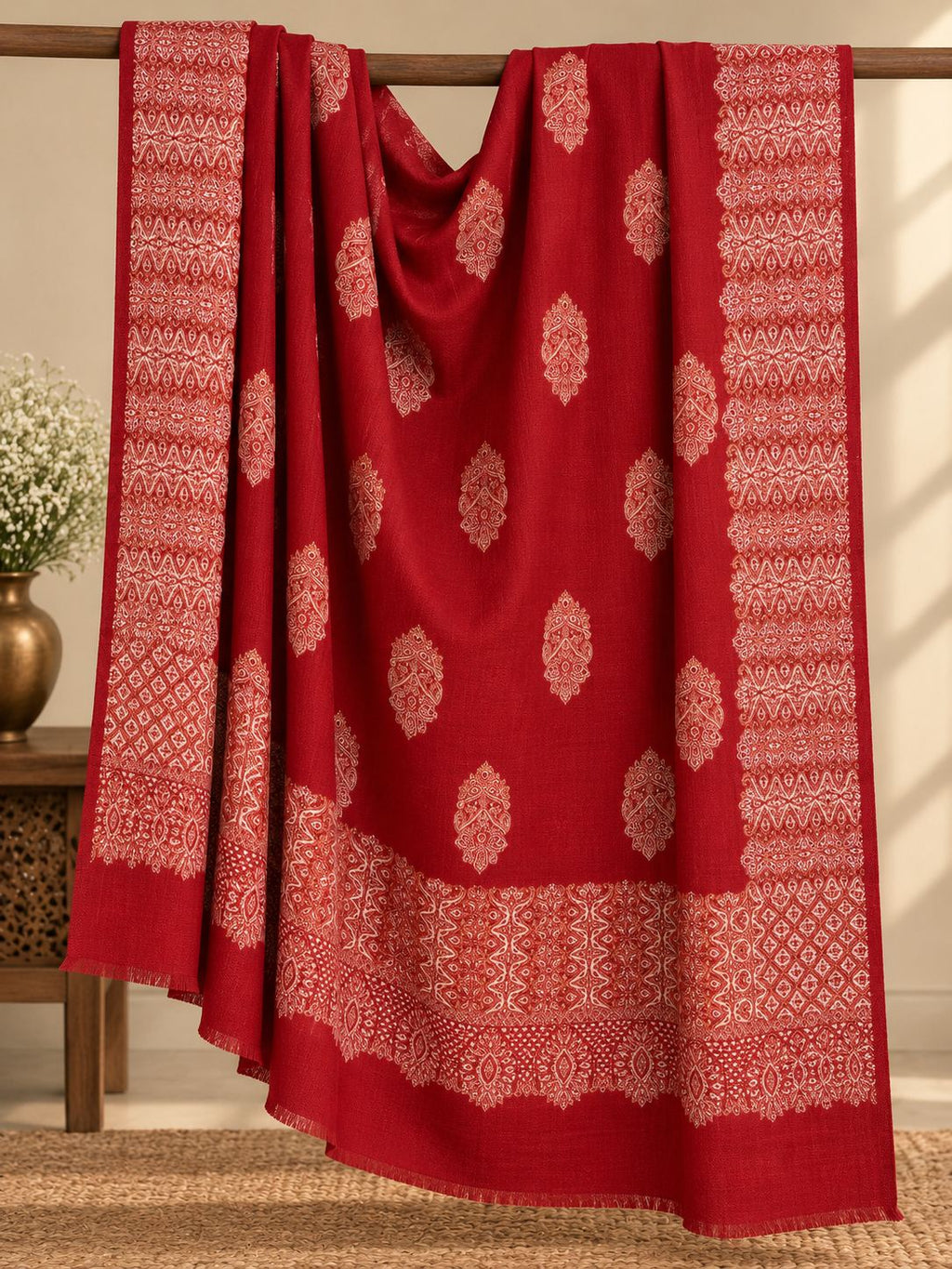Red Ivory Boteh Medallion Wool Shawl with Fringe