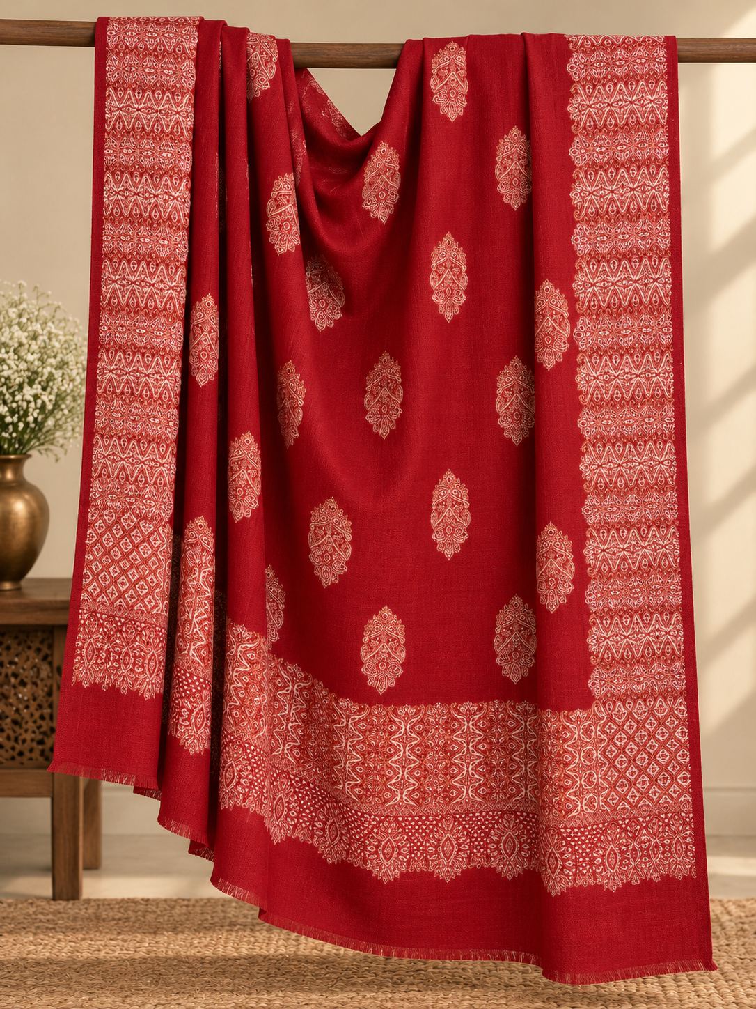 Red Ivory Boteh Medallion Wool Shawl with Fringe