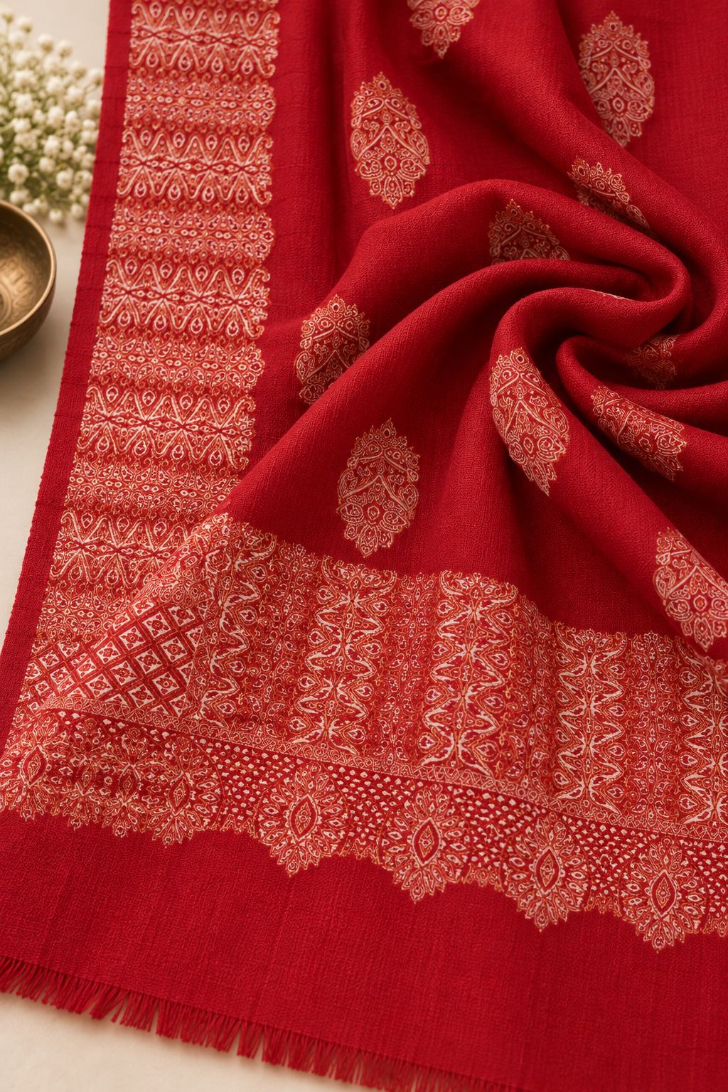 Red Ivory Boteh Medallion Wool Shawl with Fringe