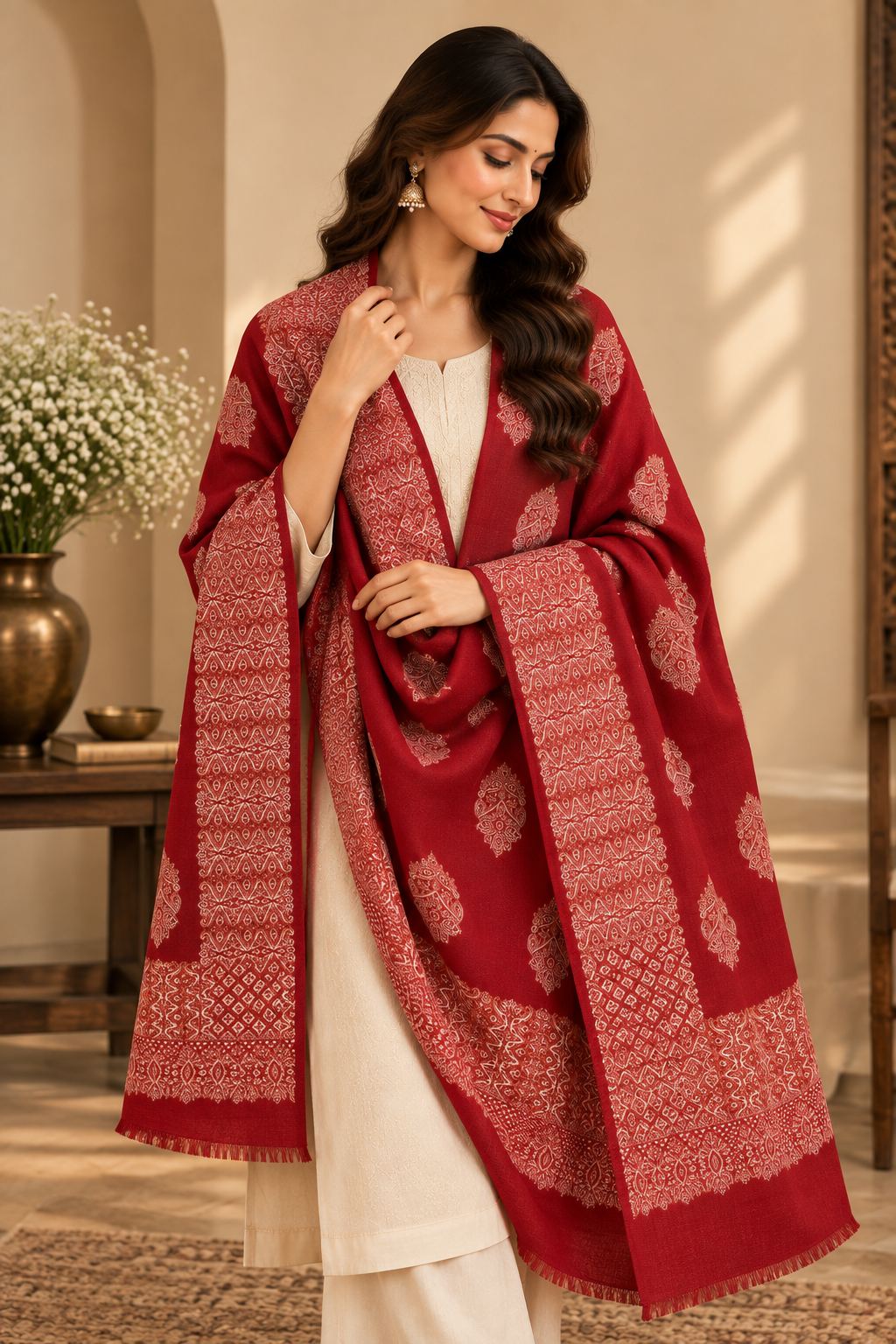 Red Ivory Boteh Medallion Wool Shawl with Fringe