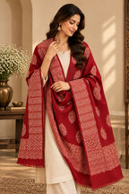 Red Ivory Boteh Medallion Wool Shawl with Fringe