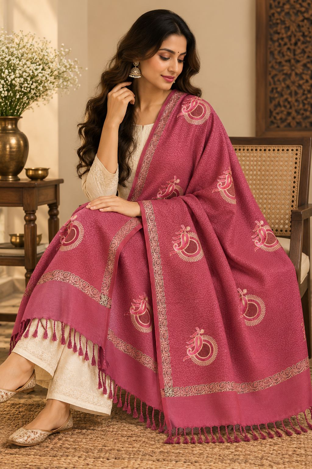 Rose Pink Gold Sunburst Medallion Wool Shawl with Tassels