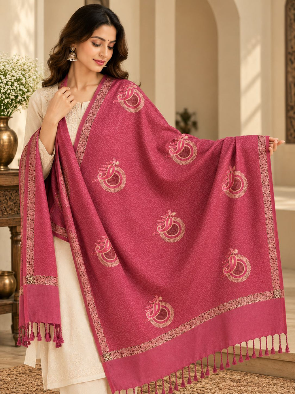 Rose Pink Gold Sunburst Medallion Wool Shawl with Tassels