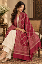 Red Diamond Lattice Floral Medallion Wool Shawl with Tassels