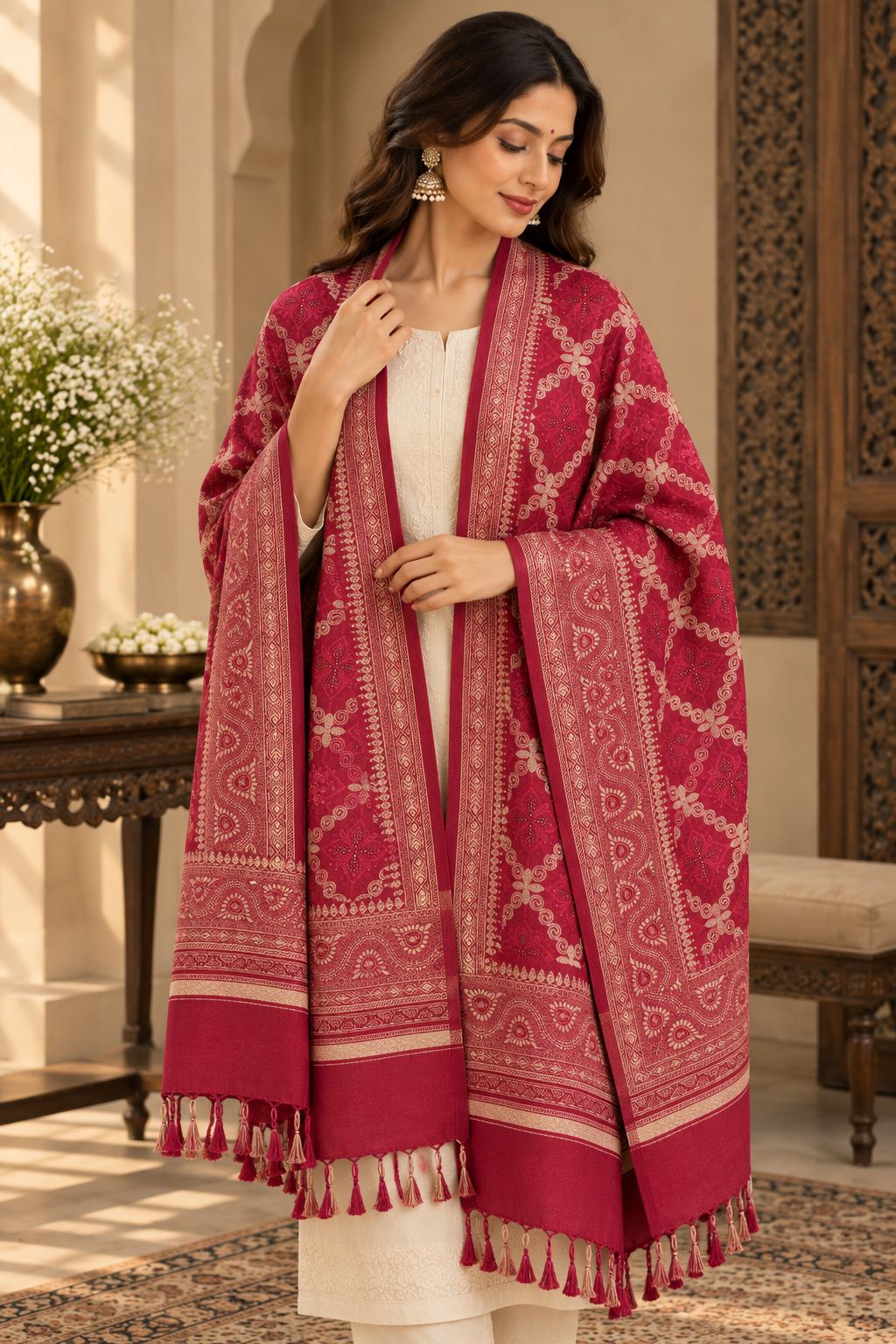 Red Diamond Lattice Floral Medallion Wool Shawl with Tassels