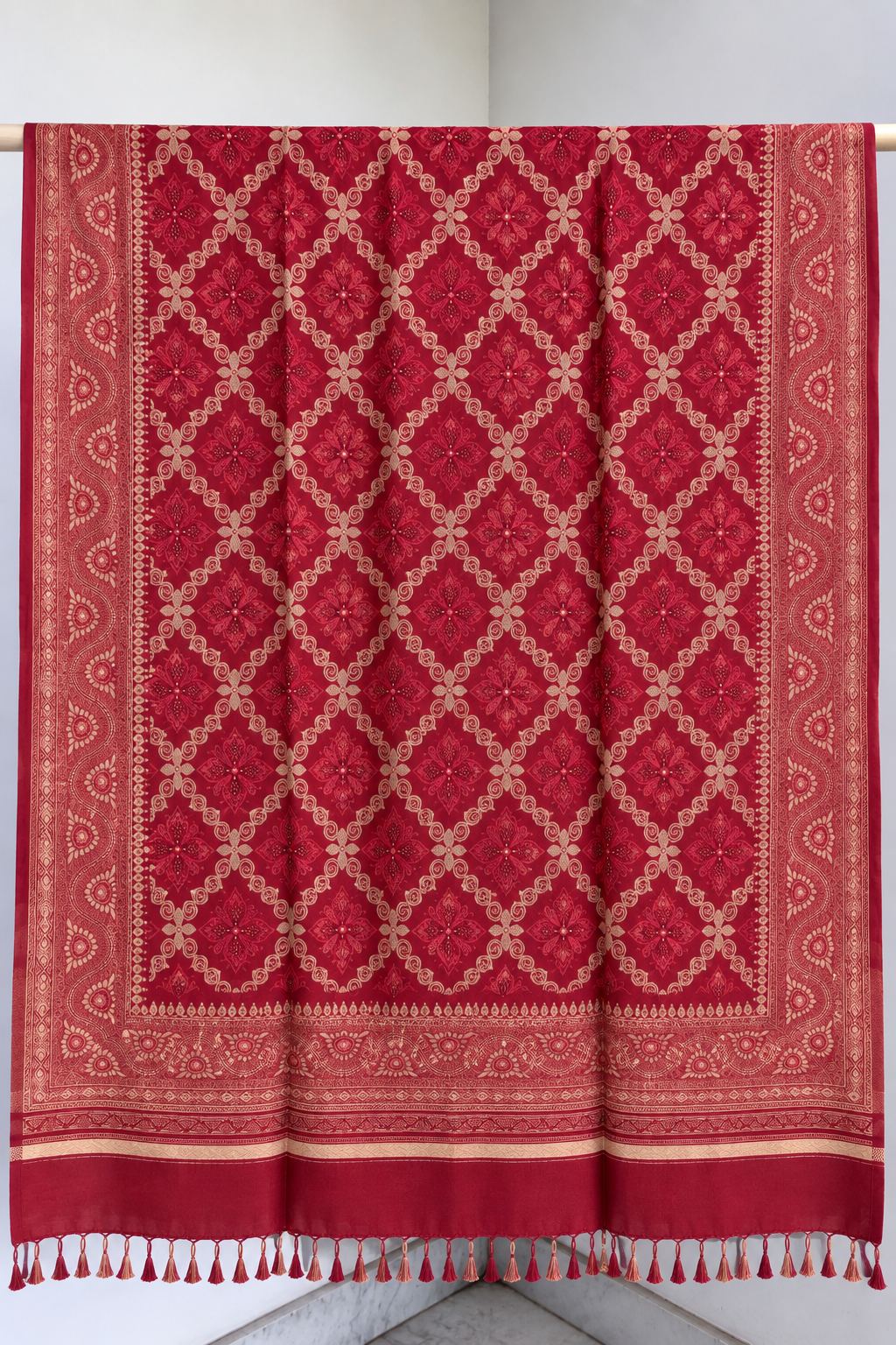 Red Diamond Lattice Floral Medallion Wool Shawl with Tassels