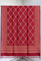 Red Diamond Lattice Floral Medallion Wool Shawl with Tassels