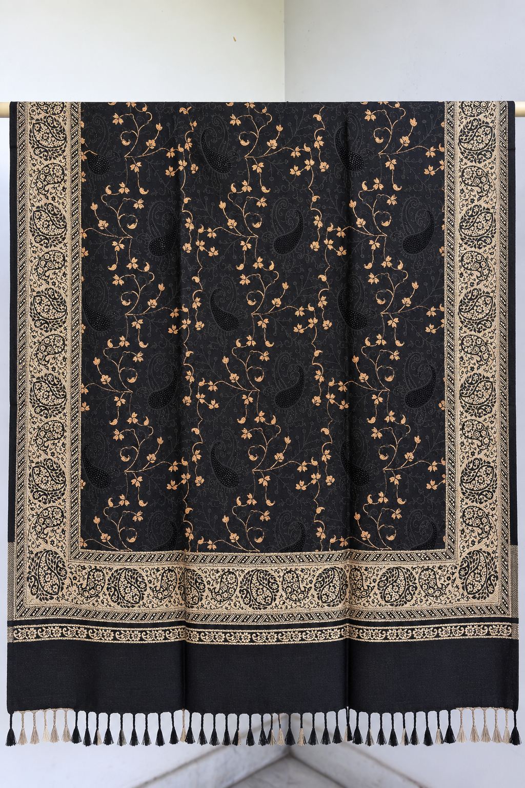 Black Gold Jamawar Paisley Wool Shawl with Tassels