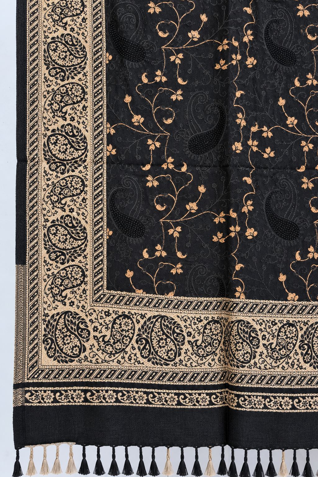 Black Gold Jamawar Paisley Wool Shawl with Tassels