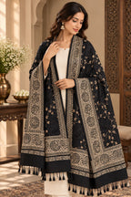 Black Gold Jamawar Paisley Wool Shawl with Tassels