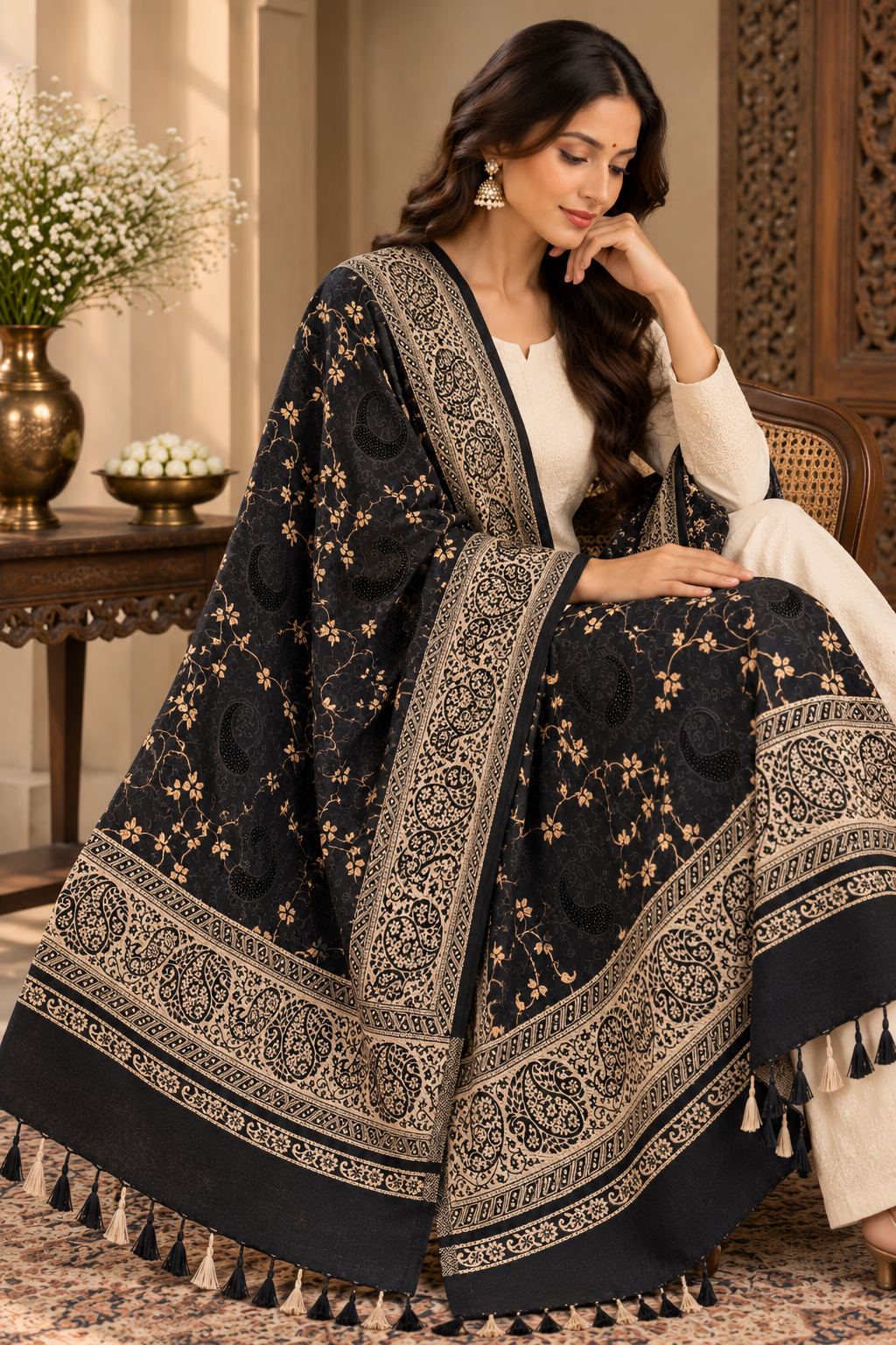 Black Gold Jamawar Paisley Wool Shawl with Tassels