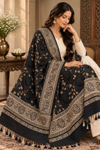 Black Gold Jamawar Paisley Wool Shawl with Tassels