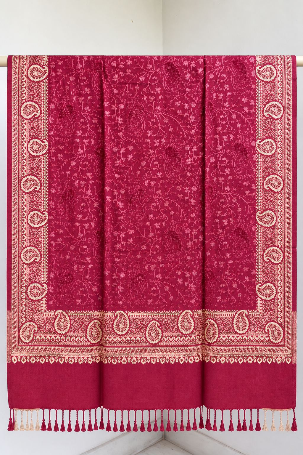 Rani Pink Gold Jamawar Paisley Wool Shawl with Tassels