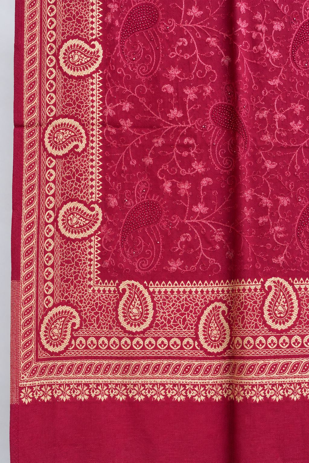 Rani Pink Gold Jamawar Paisley Wool Shawl with Tassels