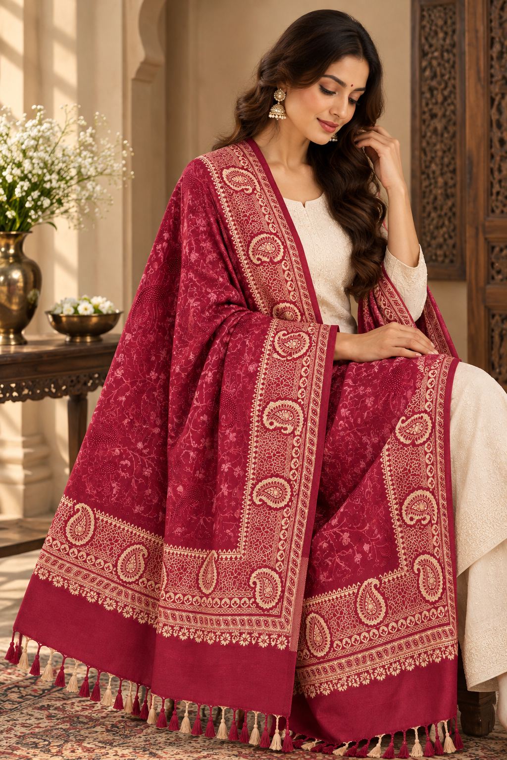 Rani Pink Gold Jamawar Paisley Wool Shawl with Tassels