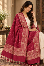 Rani Pink Gold Jamawar Paisley Wool Shawl with Tassels