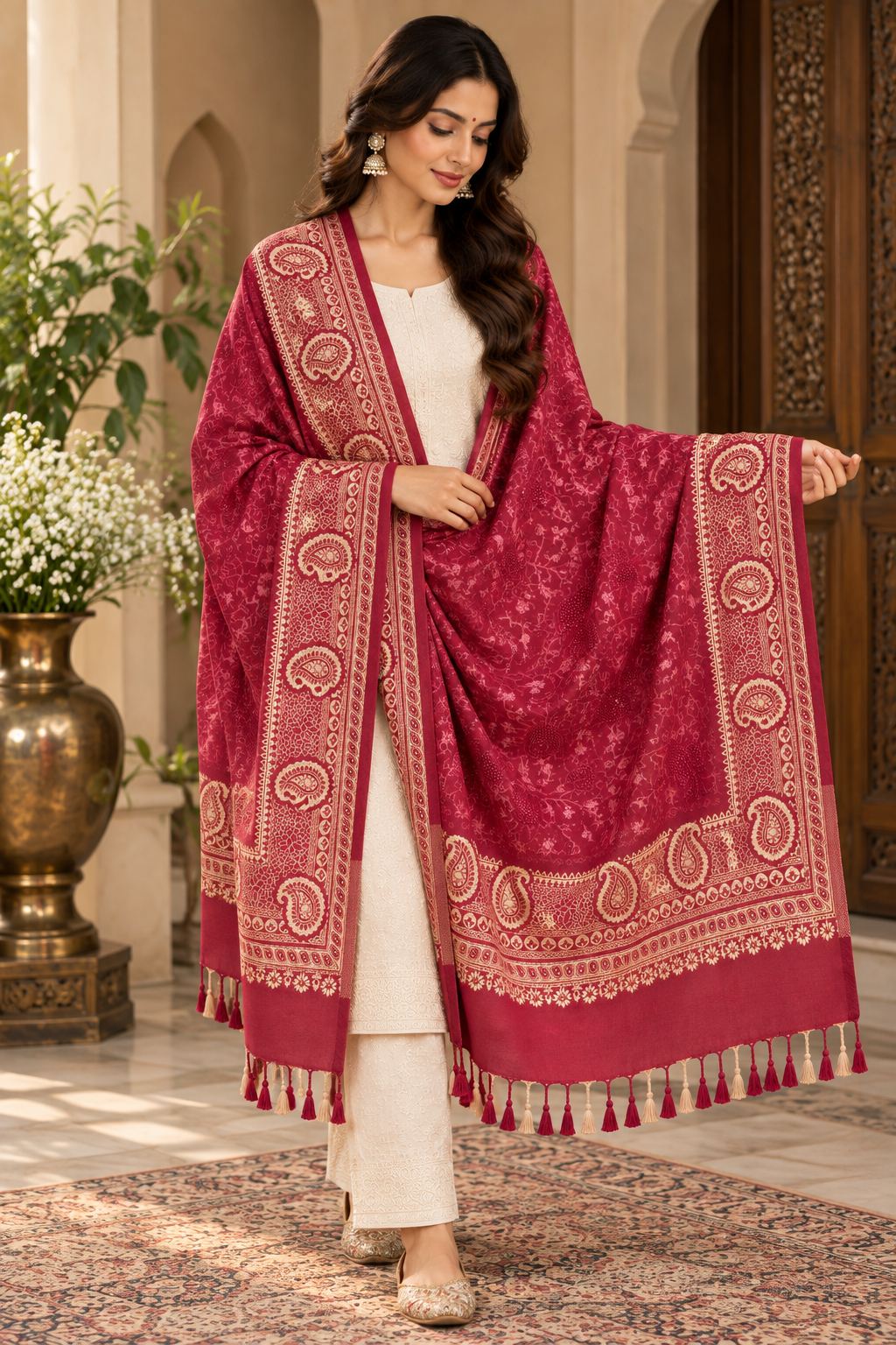 Rani Pink Gold Jamawar Paisley Wool Shawl with Tassels