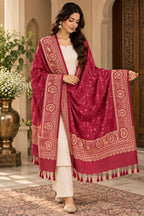 Rani Pink Gold Jamawar Paisley Wool Shawl with Tassels