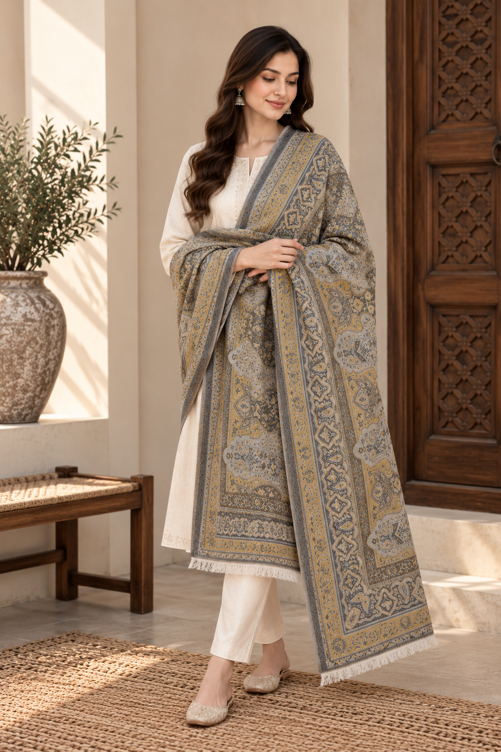 Golden Grey Kani Paisley Shawl