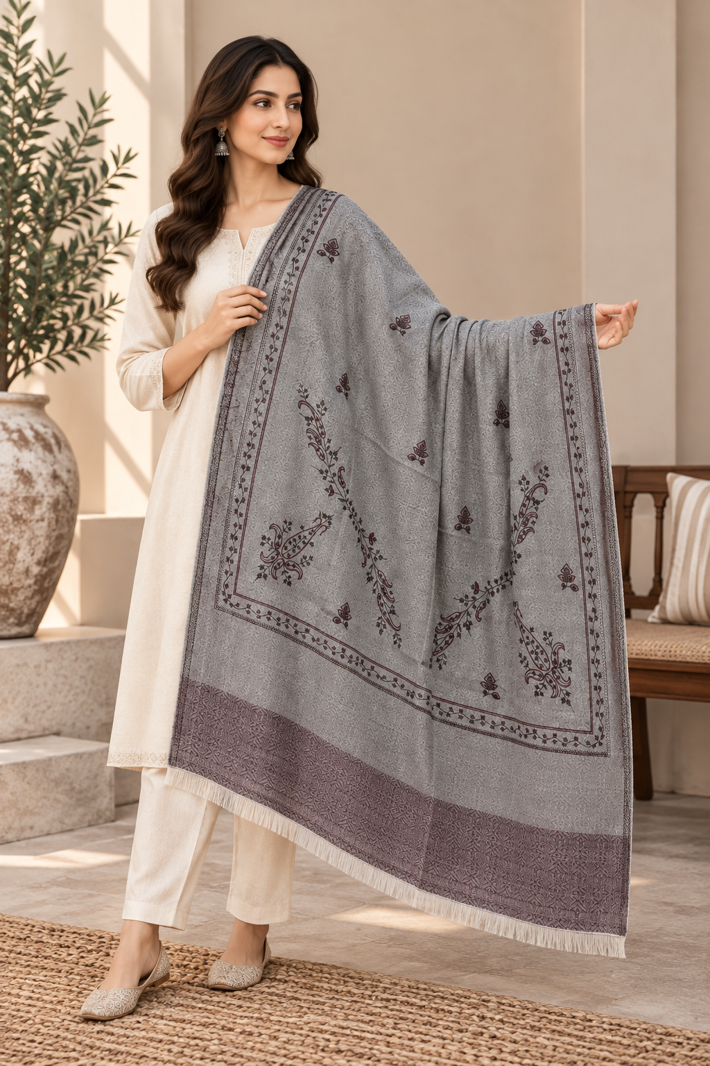 Silver Grey Stole with Floral Vine Sprigs