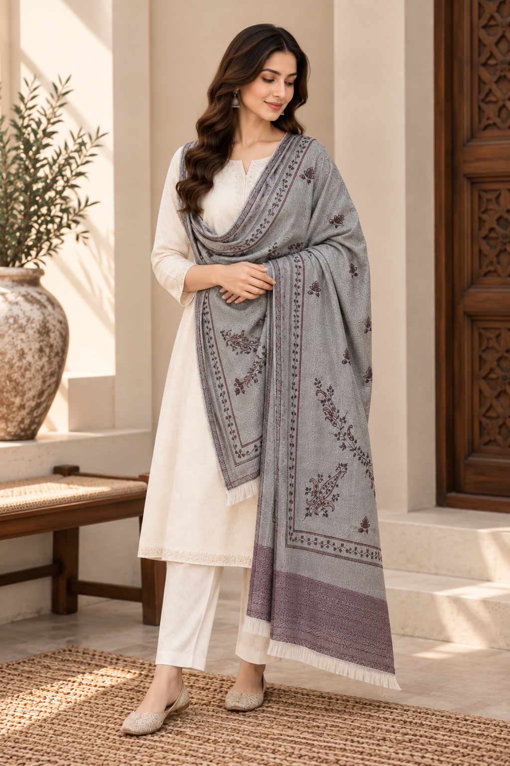 Silver Grey Stole with Floral Vine Sprigs